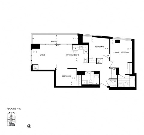 Floor plan for 3 beds, 2 baths, 990 sqft